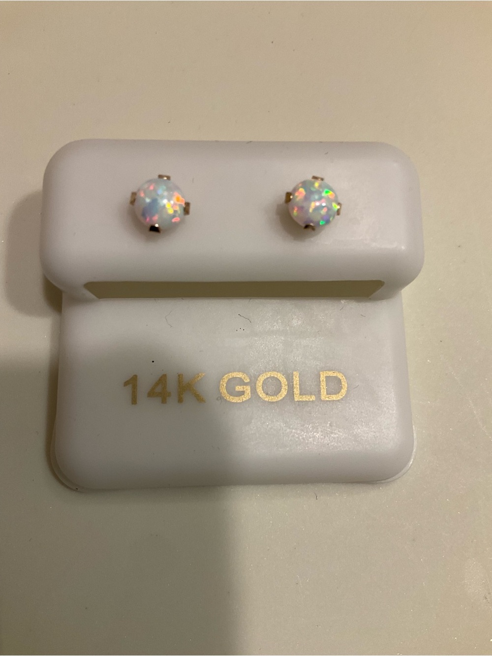 14K Yellow Gold Opal Stud Earrings Round White Fire Opal Studs